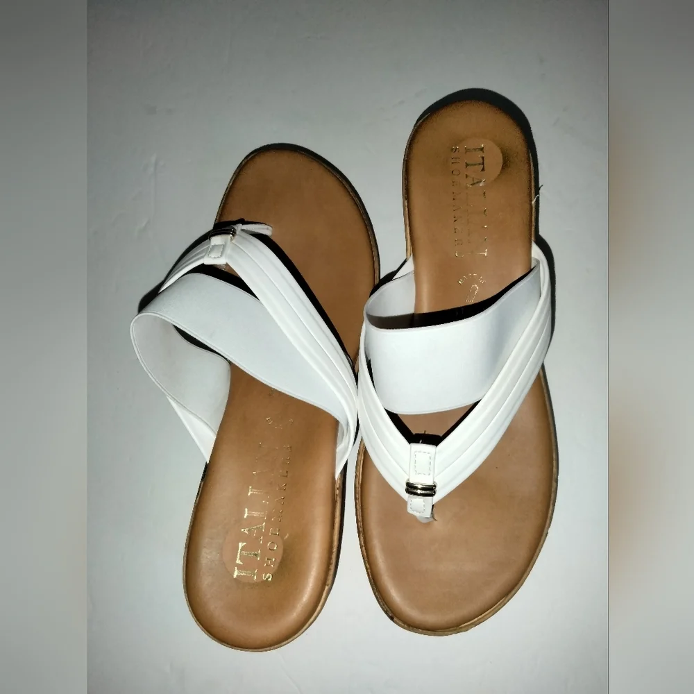 Italian Shoemakers (Size 9.5) White Stretch Strap Platform Wedge Thong Sandals